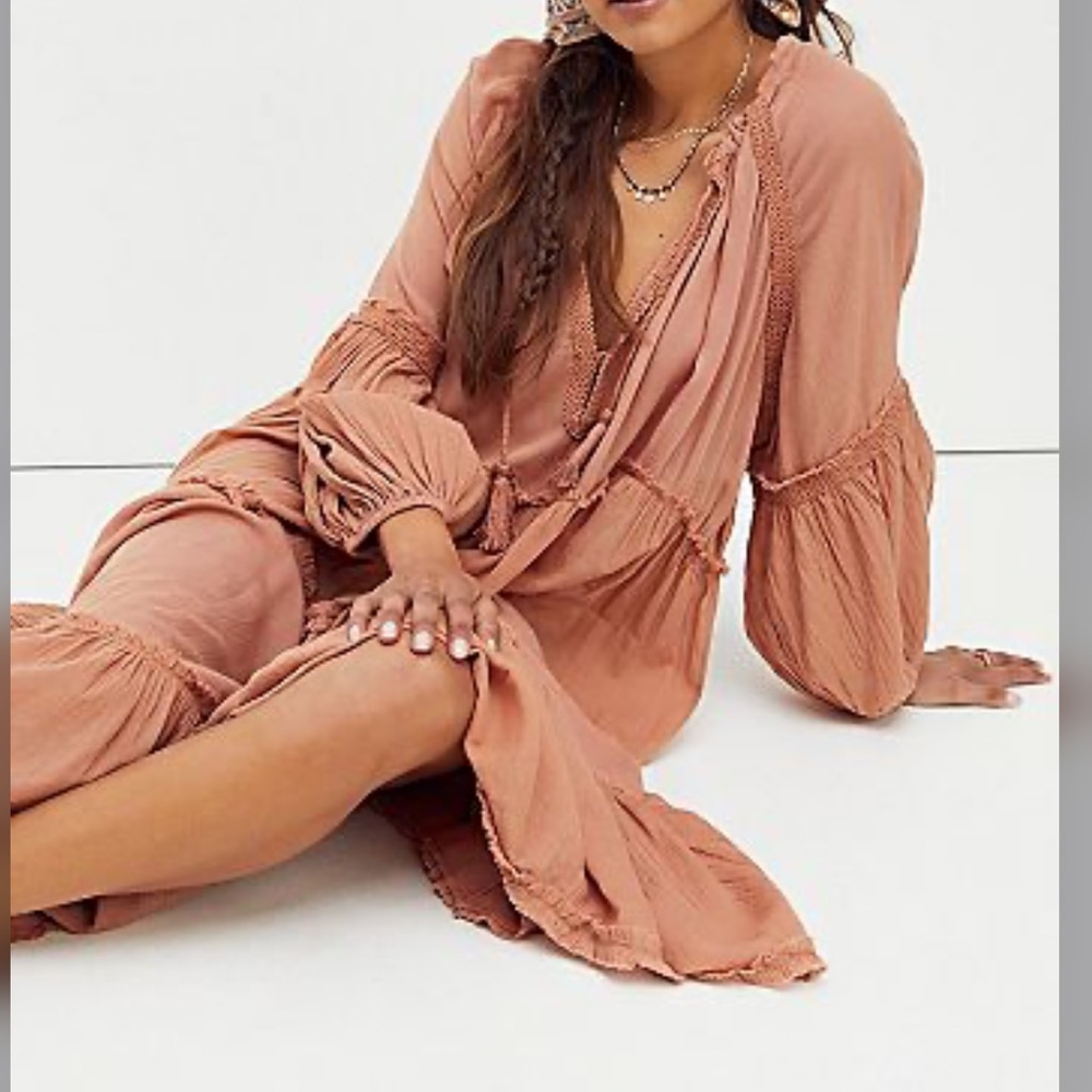 Free People In The Moment Ruffle Tiered Tassels Tie MIDI Dress Cocoa XL
